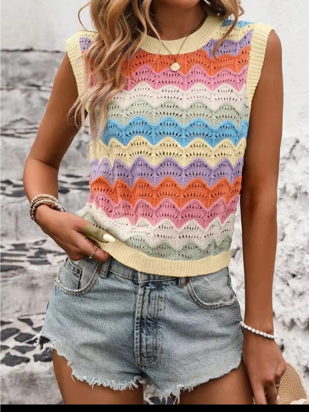 Multicolor Crochet Knit Sleeveless Sweater Tank Top S New Rainbow Scallop Pastel
